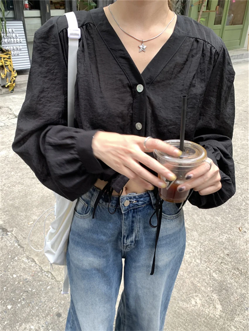 

PLAMTEE Gentle Women Shirt Autumn Chic Solid New 2023 All Match Elegant Mujer Office Wear Lady V-Neck Solid New Work Wear