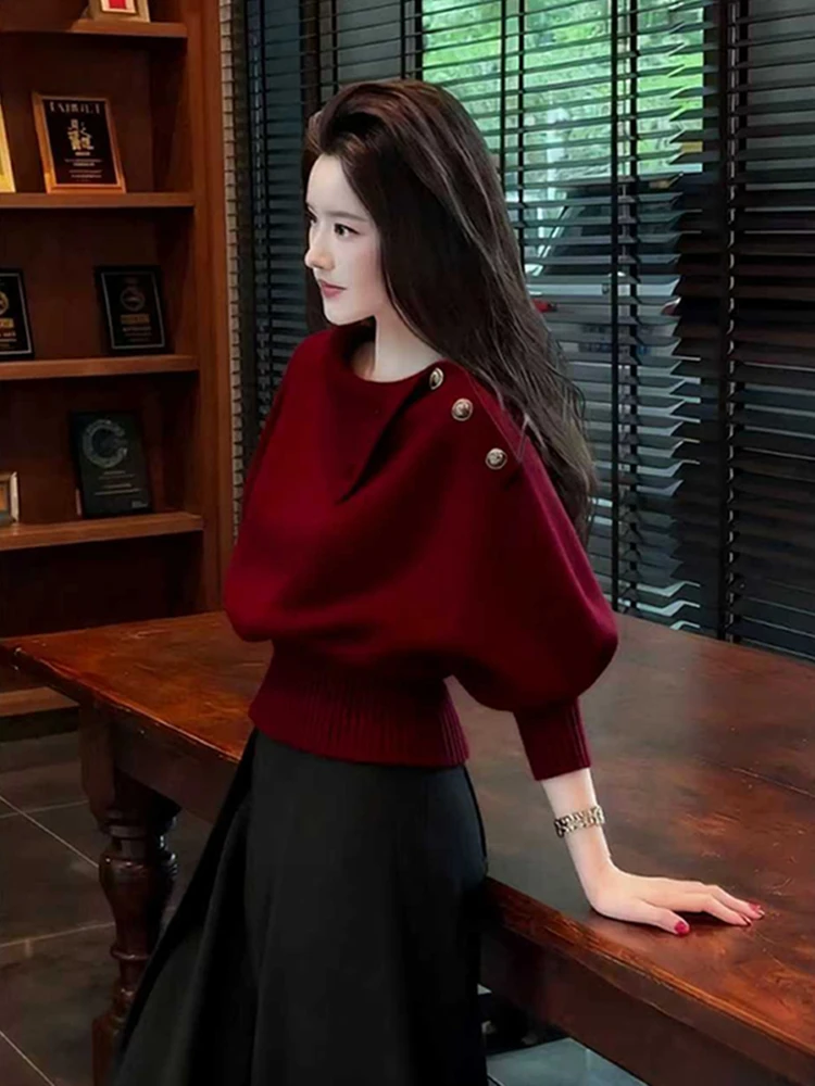 2026 Autumn Winter Fashion Light Maturity Knitted Top Wine Red High Intelligence Atmosphere Sensation Very Good Looking Women...