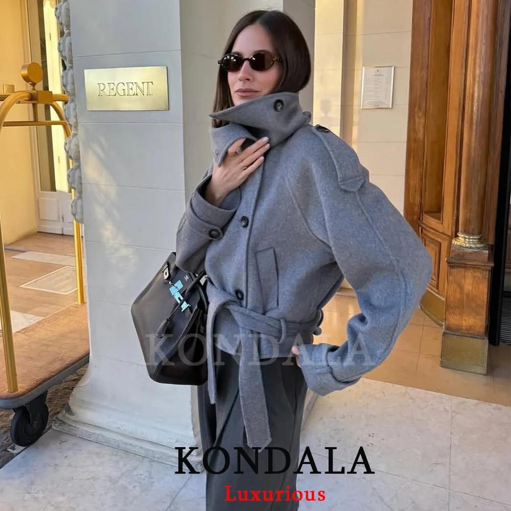 

KONDALA Vintage Chic Gray Soft Jackets Women Long Sleeve Double Buttons Sashes Short Coats Fashion 2026 Spring Elegant Outwears