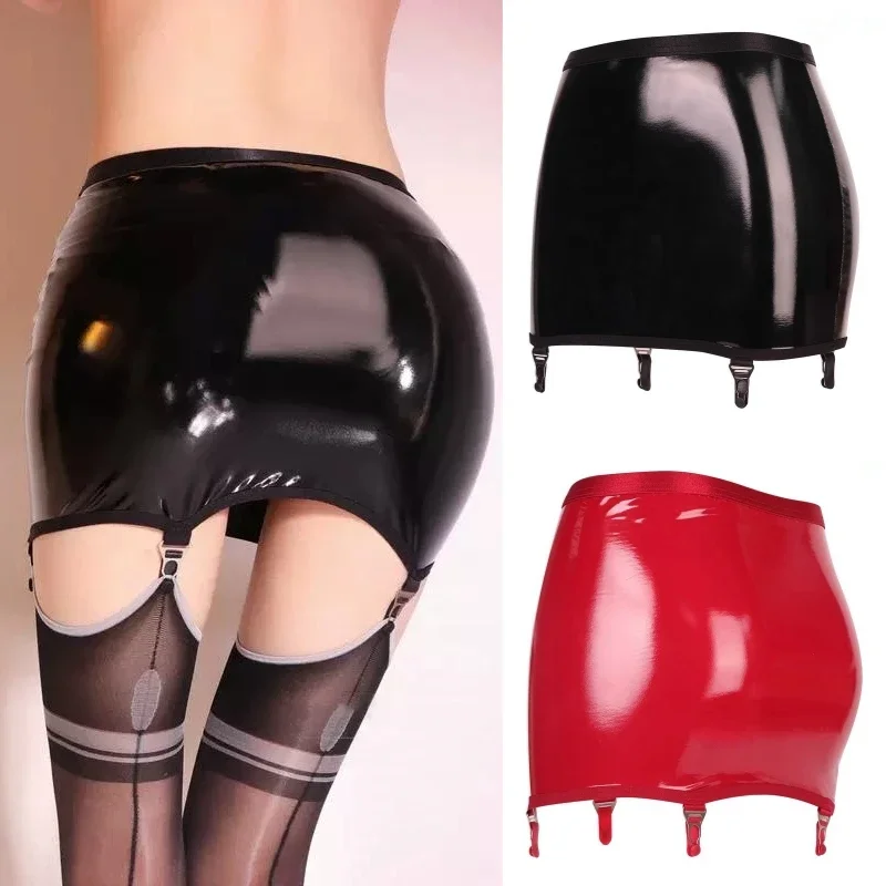 

Sexy Oil Shiny Hip Wrap Mini Skirt With Metal Buckle Garters Belt For Stockings Female Erotic Faux Leather SM Clubwear Sex Toys