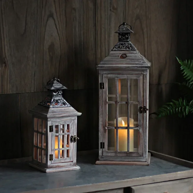 European Retro Wood Wind Lamp Floor Candle Holder Photography Props & Home Decor Candlestick Glass Holder