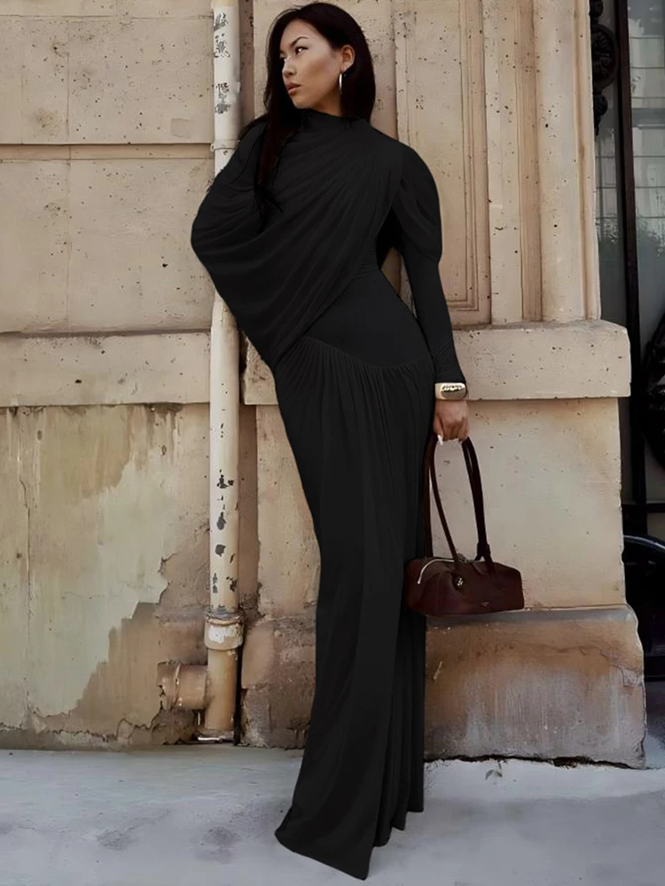 Sisterlinda Elegant Basics Shawl Dress Women Classic Ruched O-Neck Full Sleeve Stretch Skinny Party Banquet Activity Outfits
