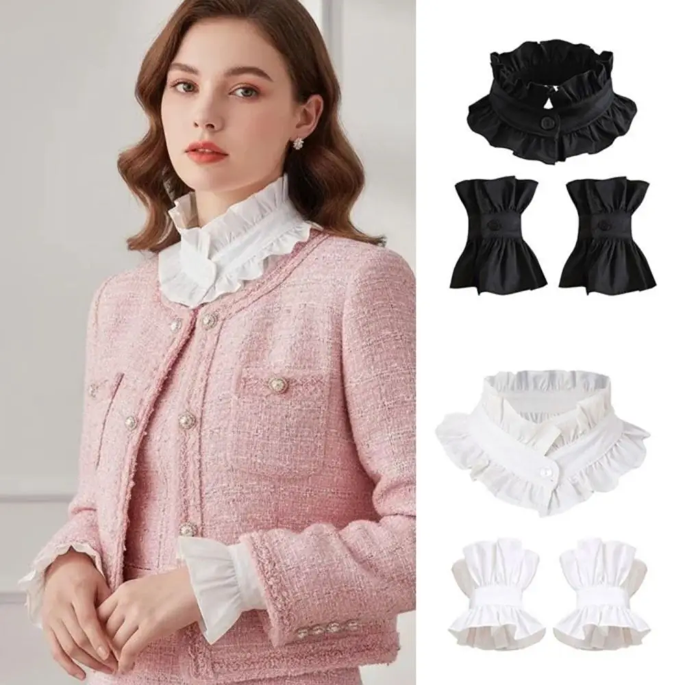 1 set French Style Fake Faux Collar Pleated Design Detachable Stand Collar Adjustable Feature Ruffled Edge Ruffled Sleeve