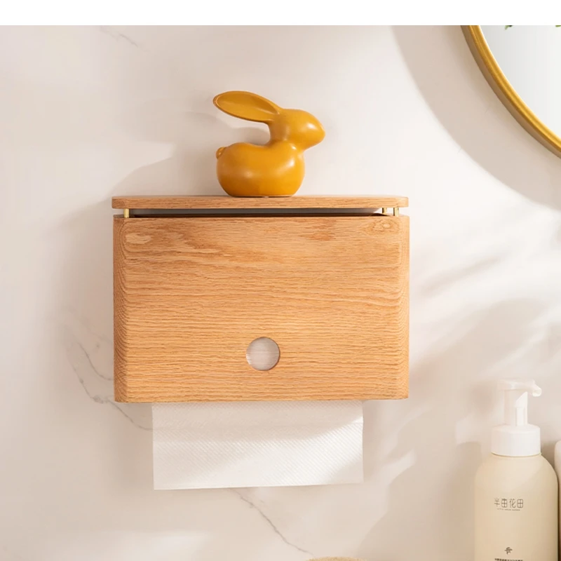 Red Oak Wooden Tissue Holder Wall Mounted Napkin Towel Rack Household Box Bathroom Shelf Toilet Paper Storage