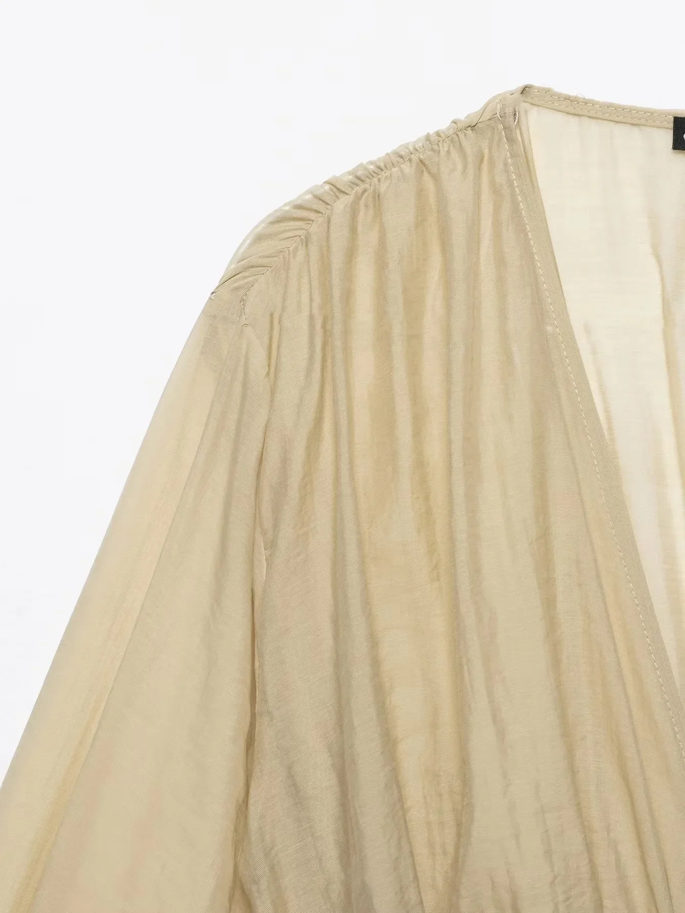 Herbst Damen Beige Korsett Slim Bluse Tiefer V-Ausschnitt Laternenärmel Oberteil Damen Kurzes Korsett-Top Elegantes Sexy Langarm-Damenhemd – Detail 8