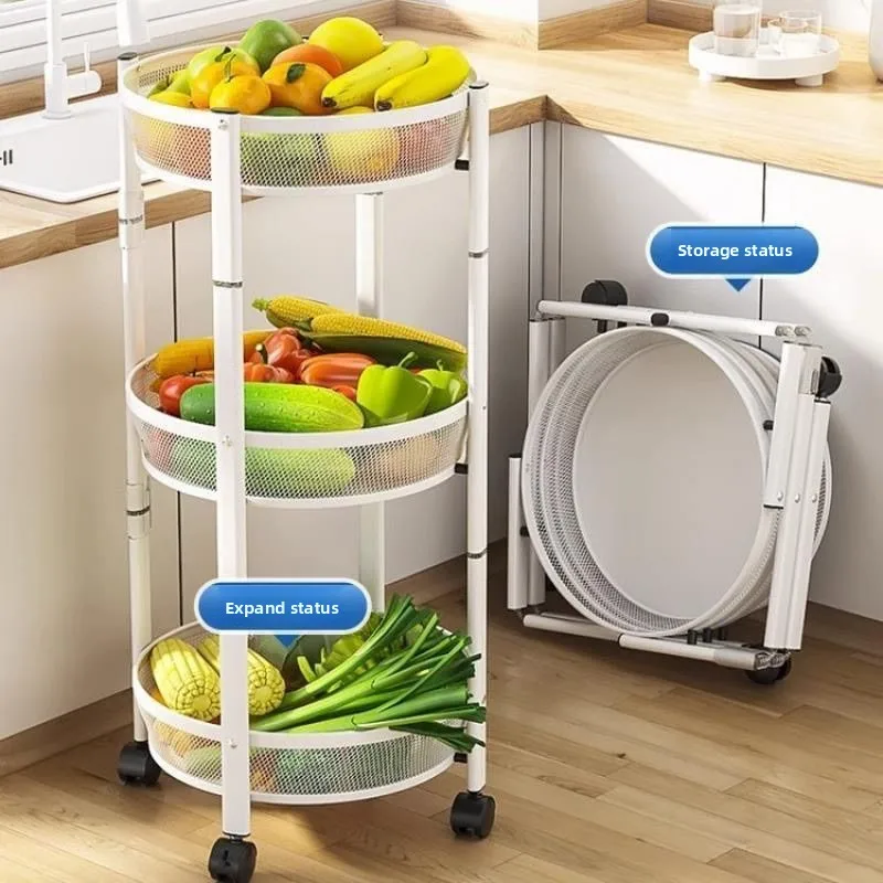 ‌Rotating Kitchen Shelf, Foldable Storage Rack, Mobile Fruit Basket, No-Tool Bathroom Organizer ,Space-Saving Multi-Tiered Stand