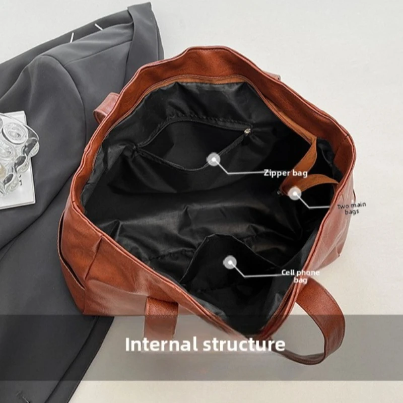 Vintage-Leder-Umhängetasche, geräumige Casual-Tragetasche mit zwei Griffen, Alltagstasche für Frauen, vielseitige Handtasche – Detail 14