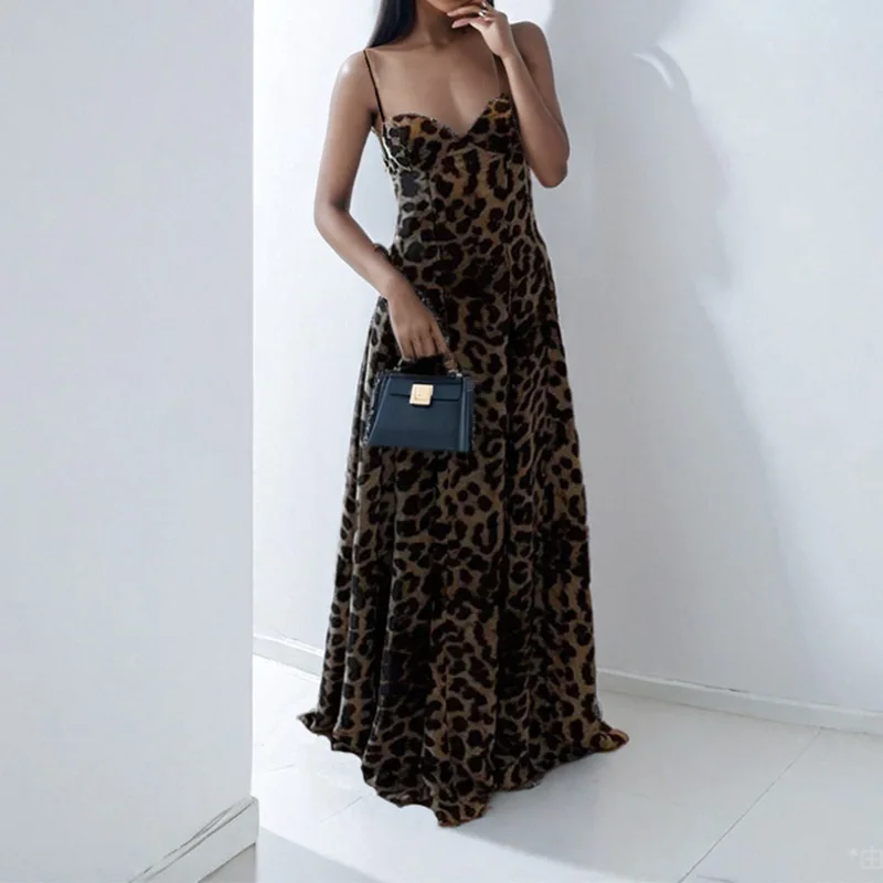 

SKMY Women's 2025 Summer Sexy Leopard Print Spaghetti Strap Maxi Dress - Casual Versatile Animal Print Long Dress