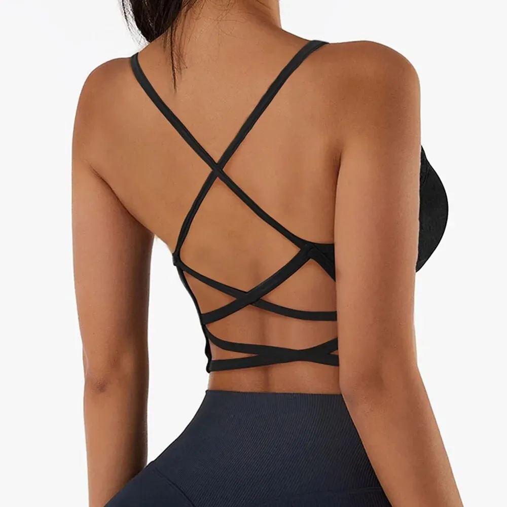 Soutien-gorge Push-Up respirant à bretelles croisées pour femme, haut court de sport, yoga et fitness