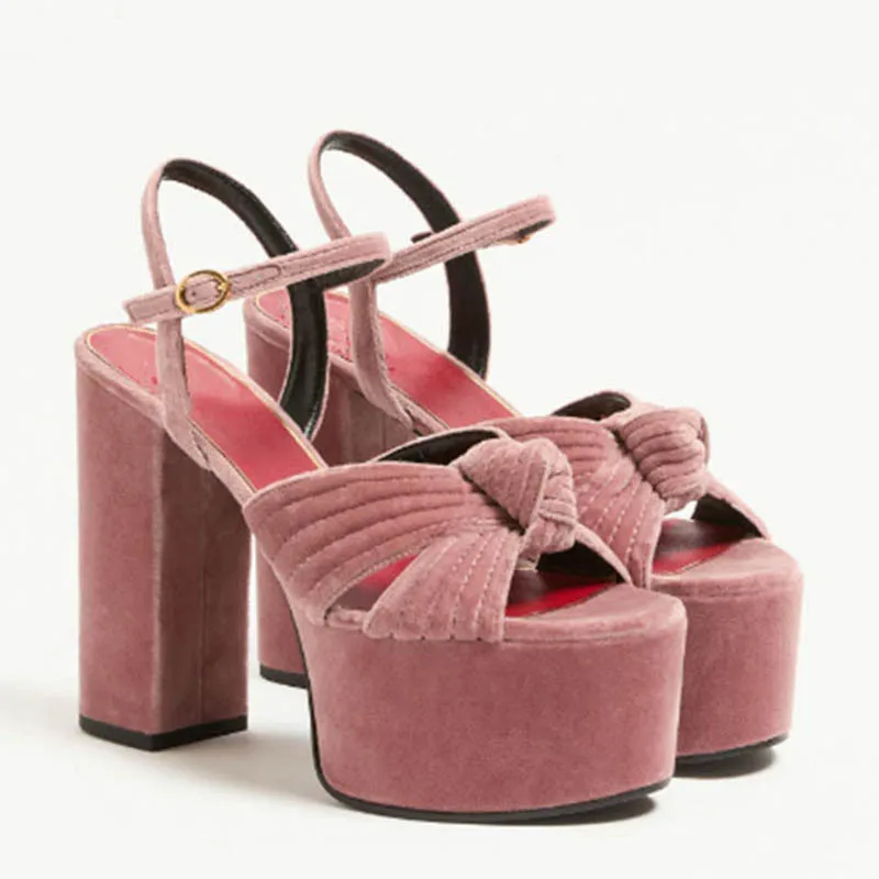 

Women's Velvet Platform Sandals Knot Accent Block Heel Bold Romantic for Summer Evening Events Fashion-Forward Party Outfits