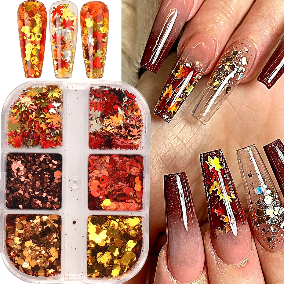 Nail Art Orange - 6 Grilles de paillettes et de