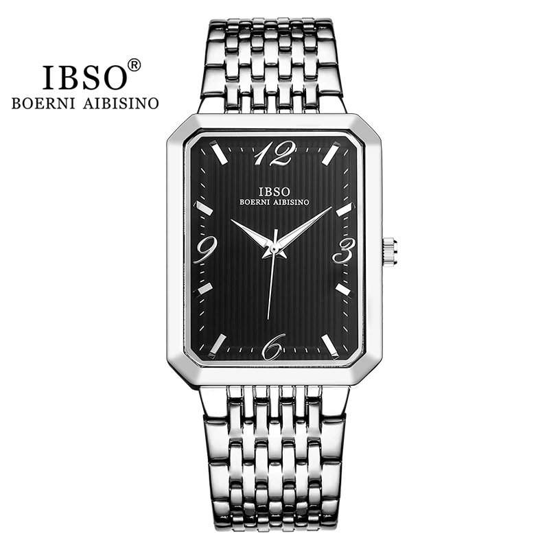 IBSO Ultra-Thin Men Quartz Watch Luxury Style Rectangle Dial Stainless Steel Strap Waterproof 3ATM Wristwatch Relogio Masculino