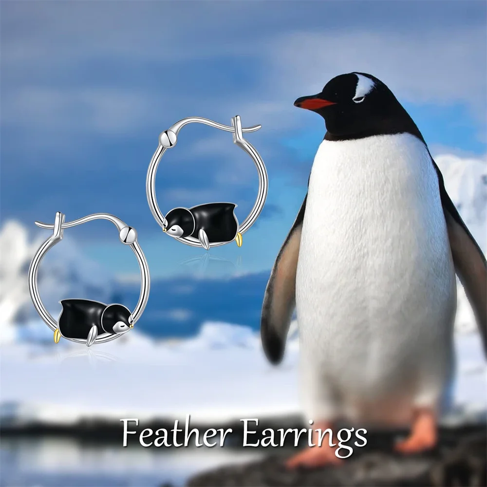 New Penguin Silver Plated Hoop Earring Fashion Cute Delicate Dazzling Enamel Animal Dropearring Jewelry Gift for Women Daughter