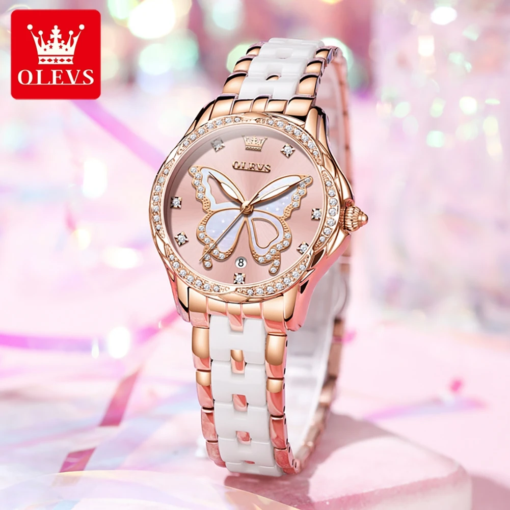 OLEVS New Womens Watches Top Brand Luxury Ceramics Quartz Watch for Women Imported Movement Fashion Date Women Wristwatches