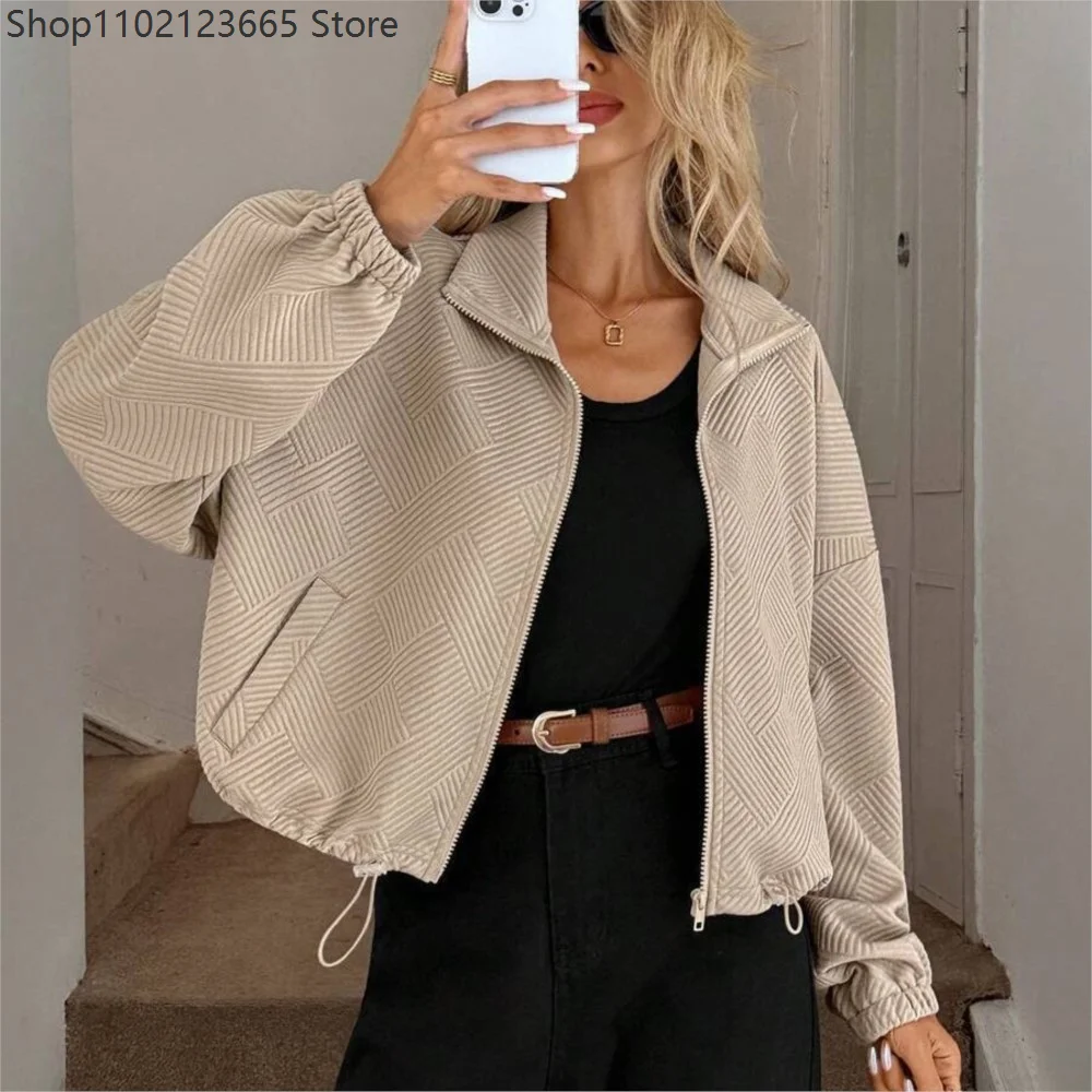 Women Geometric Embossed Stand Collar Zip Up Jacket Long Sleeve Elastic Drawstring Loose Casual Pockets Autumn Winter Short Coat