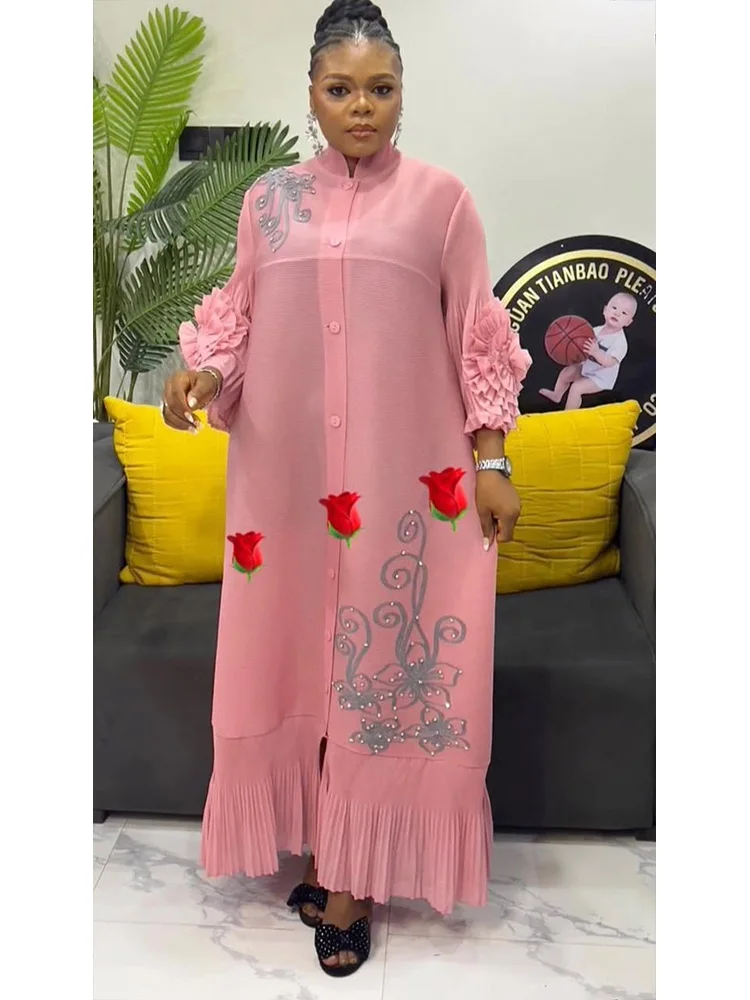 ANLAN Fashion Print Pleated Long Dress Women Lapel Floral Sleeves Design Single Breasted A-line Dresses 2025 Summer New 5AN6018