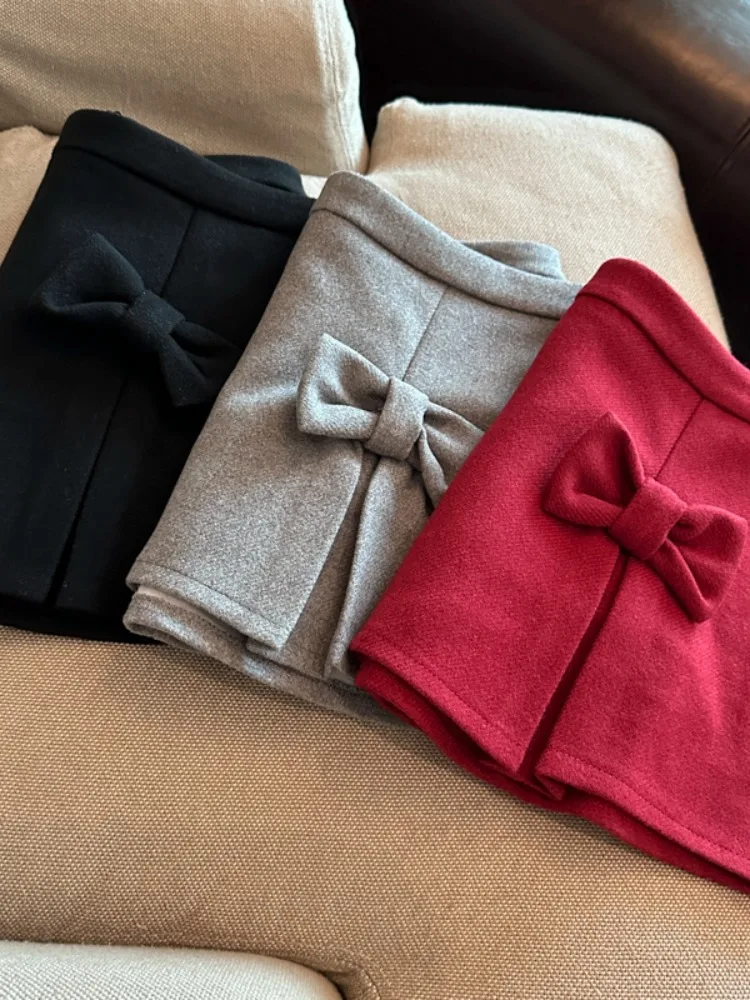 Korean Style High Waist A-Line  Skirt with  Knot Winter Fashion Slimming Woolen Skirts for Women City Walk