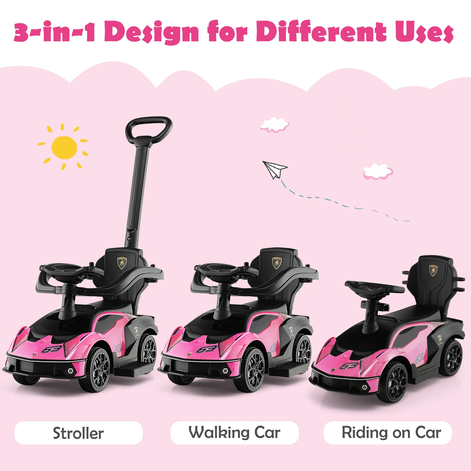 รถแลมโบกินีลิขสิทธิ์แบบ3ใน1ขี่ stroller mobil รถเลื่อนพร้อมเสียงสีชมพู