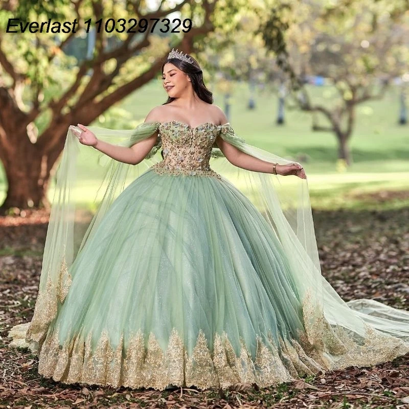 

EVLAST Customized Sage Green Quinceanera Dress Ball Gown Gold Lace Applique Beading Cape Sweet 16 Vestido De 15 Anos TQD537