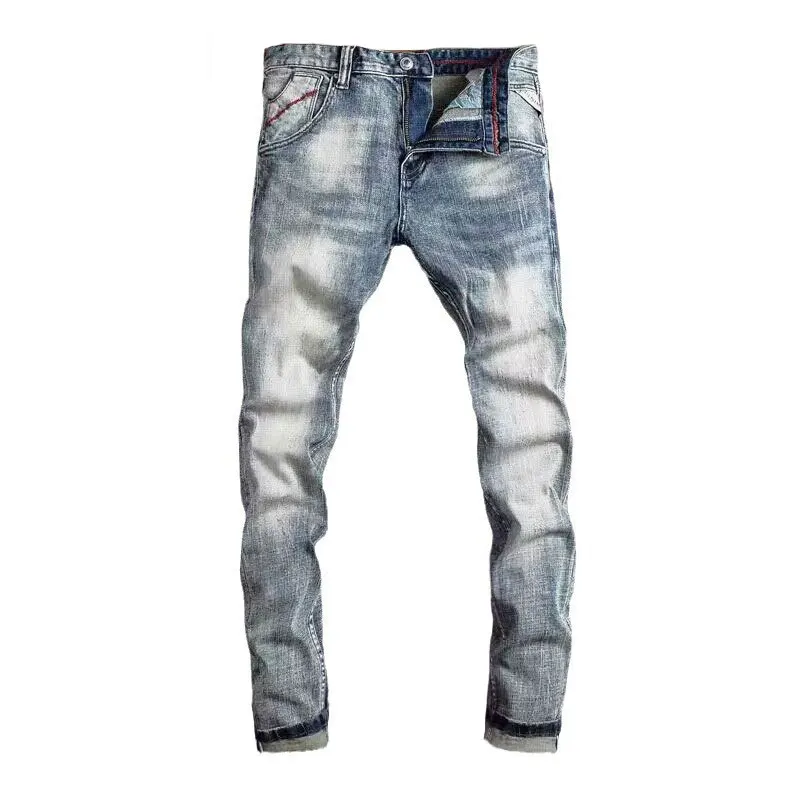 Newly Desigenr Fashion Men Jeans High Quality Retro Washed Blue Stretch Slim Fit Ripped Jeans Men Vintage Denim Pants Hombre