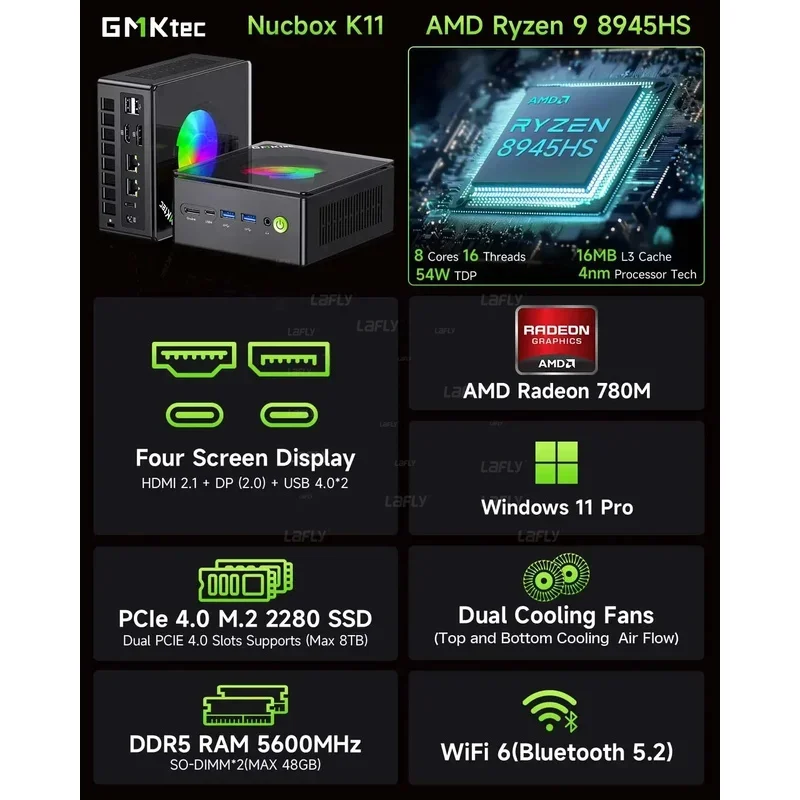 كمبيوتر ألعاب صغير GMKtec K11 Ryzen 9 8945HS Radeon 780M Windows 11 Pro DDR5 32GB 1TB SSD WIFI6 BT5.2 2.5GLan كمبيوتر صغير لألعاب الكمبيوتر
