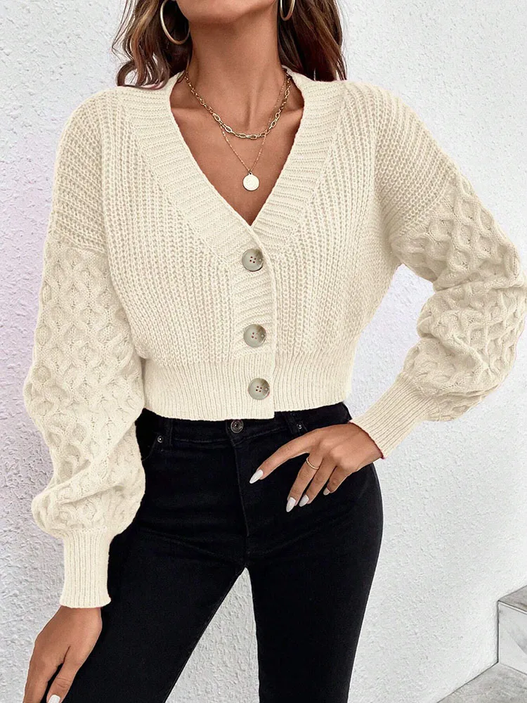 Cardigan court en tricot élégant pour femmes, pull en pâte frite, torsades, haut à boutons