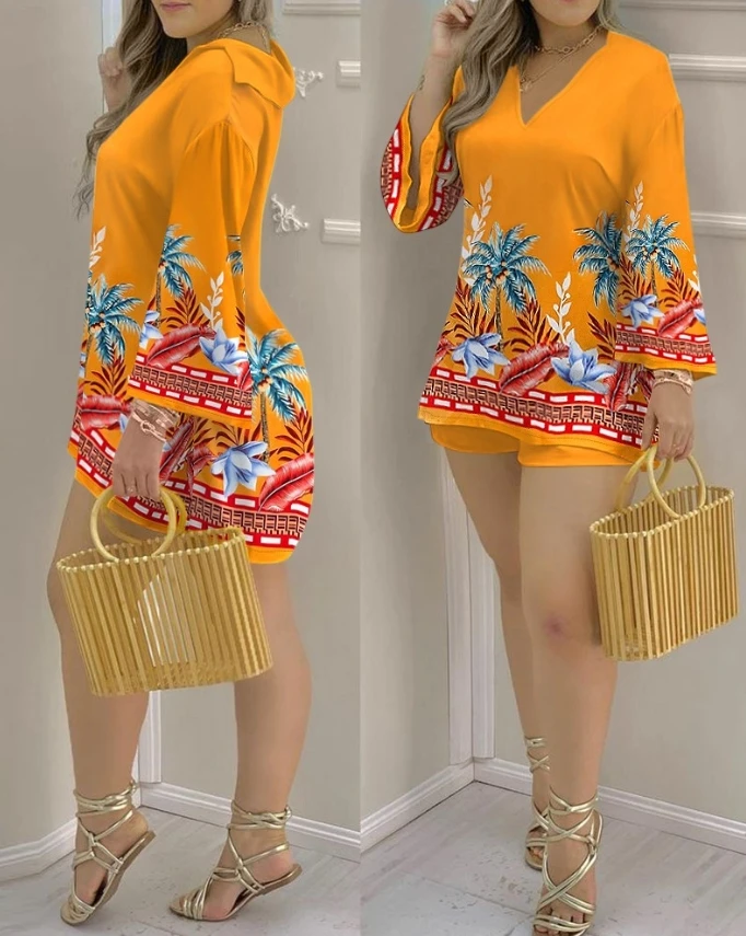 Sexy Elegant Tropical Coconut Tree Print Bell Sleeve Top& Shorts Set Womens Two Piece Sets Outfit New Fashion 2024 Summer Casual