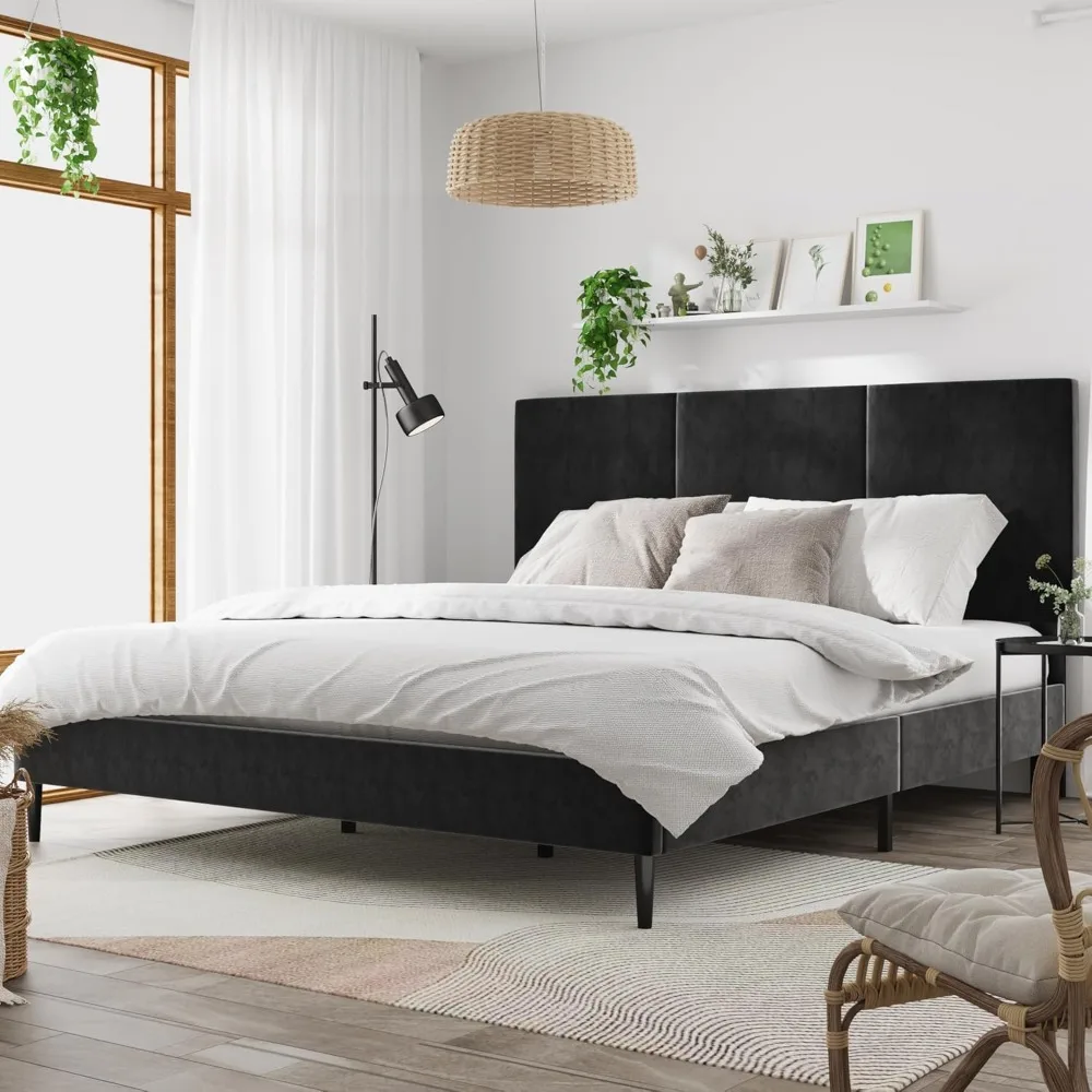 إطار سرير قوي بحجم كينغ مع لوح رأسي معنقدة عموديًا، لا يتطلب صندوق زنبركي، تجميع بسيط، نمط منصة