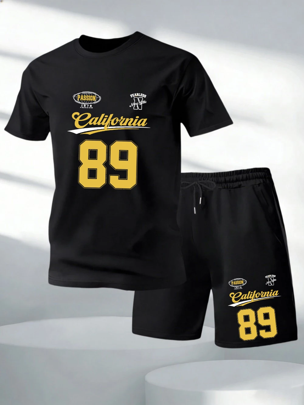 

Two Pieces Set California Number 89 Printing Cotton T-Shirts Pants Mens Oversized Soft O-Neck Tops High Waisted Pocket Shorts