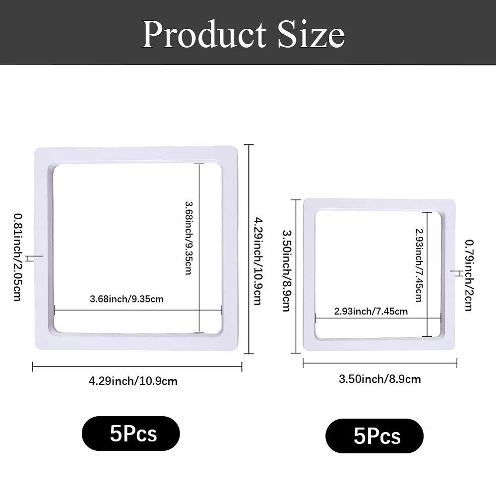 10Pcs 3.5 x 3.5/4.29 x 4.29 Inch White Floating Display Case 3D Floating Frame Transparent Film Square Plastic Box Holder Stands