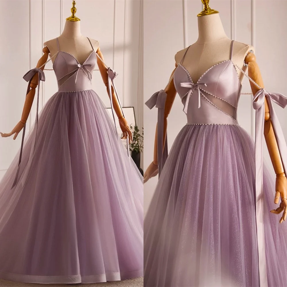 Robe de soirée en Organza violet clair, personnalisée, délicate, exquise, sans bretelles, épaules dénudées, sans manches, dos à lacets, robe de soirée