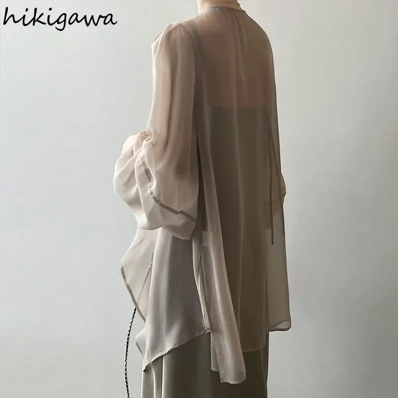 Oversized Blouses for Women Solid Color Long Sleeve Bandage Summer Shirts 2024 Blusas Mujer De Moda See Through Chiffon Tops