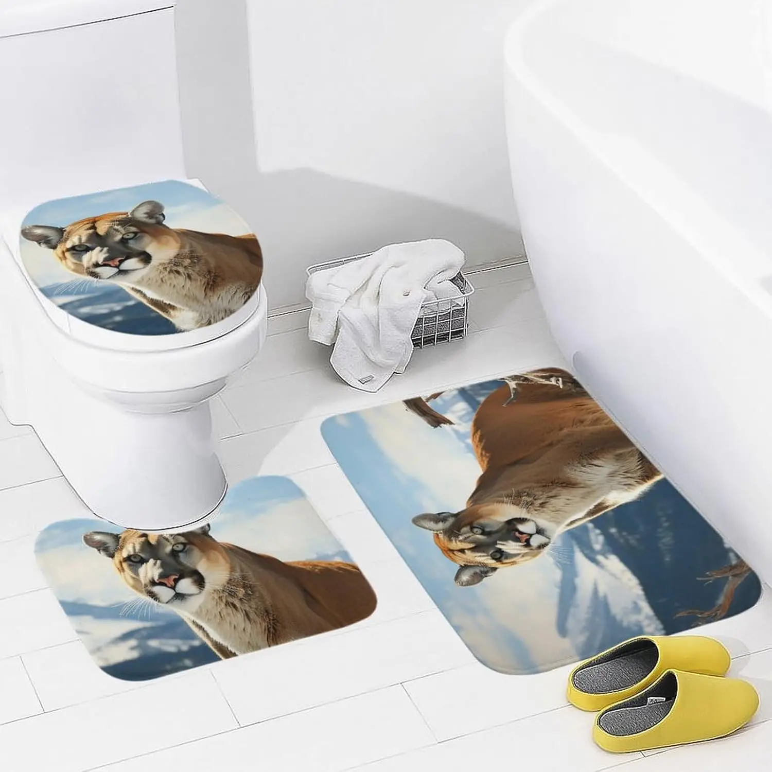3 Piece Bath Rug Set Non Slip Absorbent Bath Mat Contour Mat with Toilet Lid Cover Panther Mountain Lion Soft Floor Mats