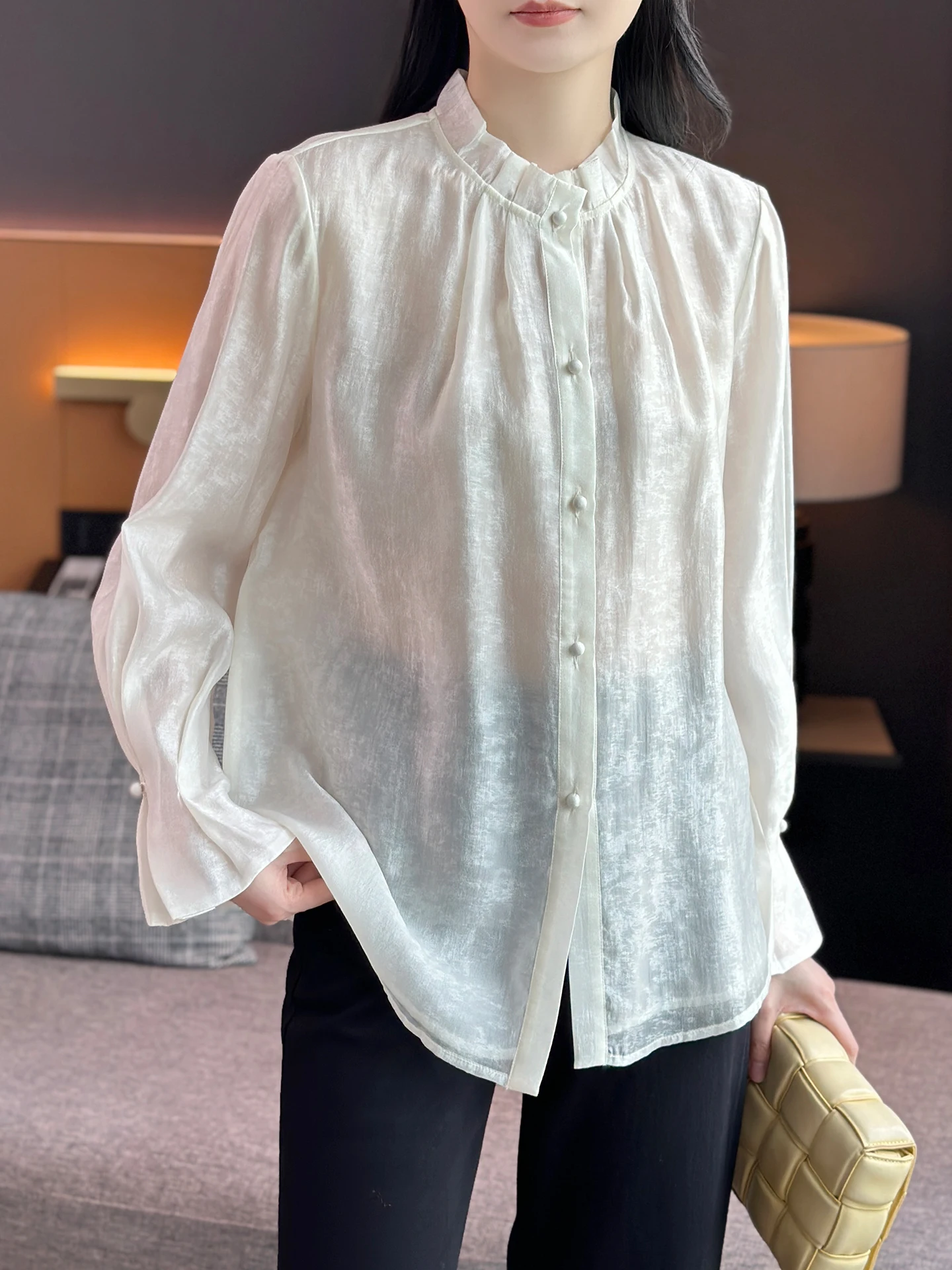 

Left Home Earlet Light Luxury Pearl Double Layer Silk Thin Sun Protection Shirt French Style Loose Fit Fake Two-Piece Be...