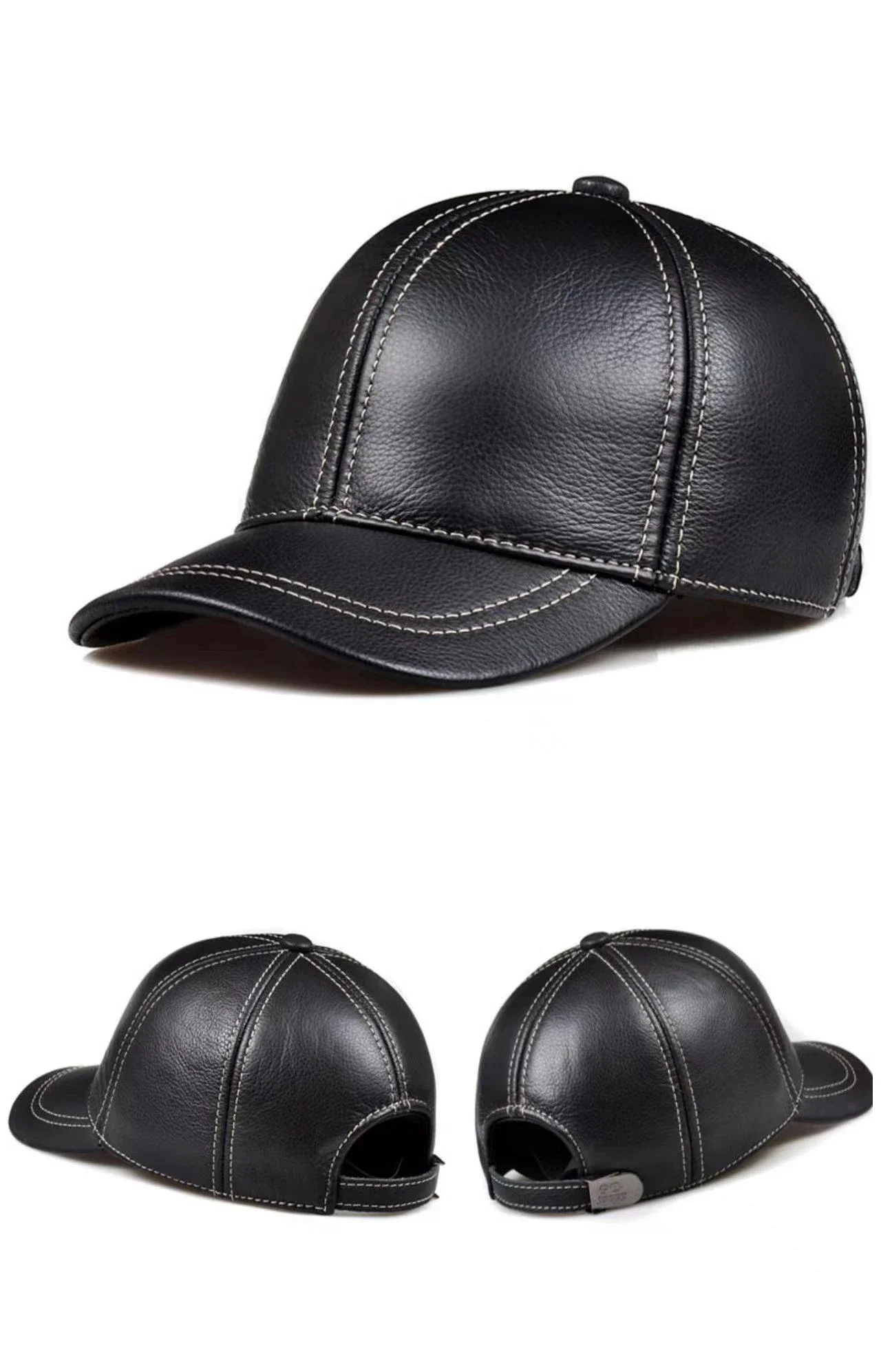 Brand New Men's Leather Baseball Cap Top Layer Cowhide Autumn Winter Dome European American Leisure Long Brim Ear Protector Hat