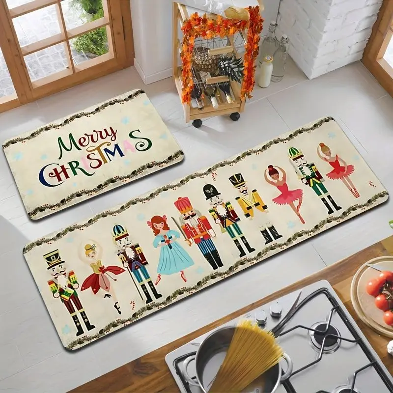 VIKAMA Cute Nutcracker Christmas Kitchen Rug, Soldier Ballet Doll Merry Christmas, Rectangular Non-Slip Festive Home Decor