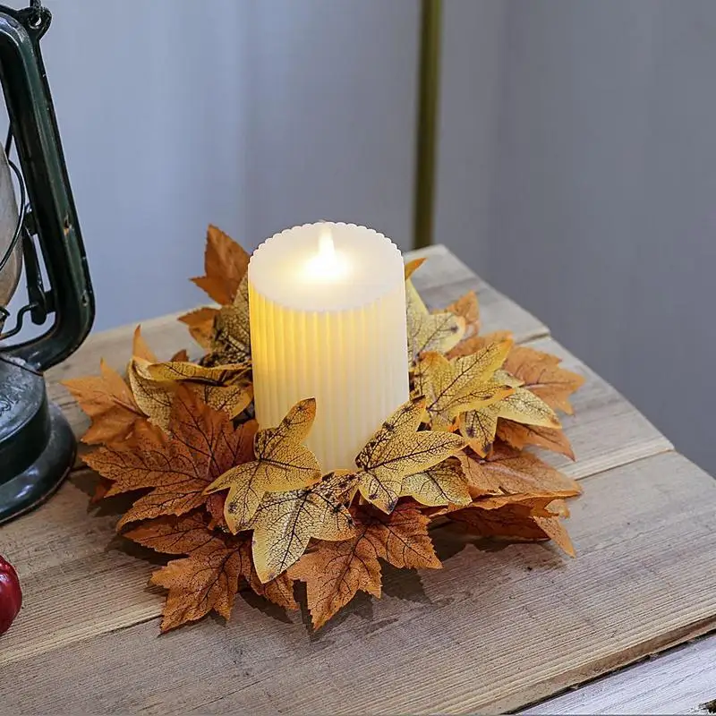 Fall Maple Leaf Candlestick Wreath Thanksgiving Decoration Artificial Candle Ring Garland Party Table Centerpiece Decoration