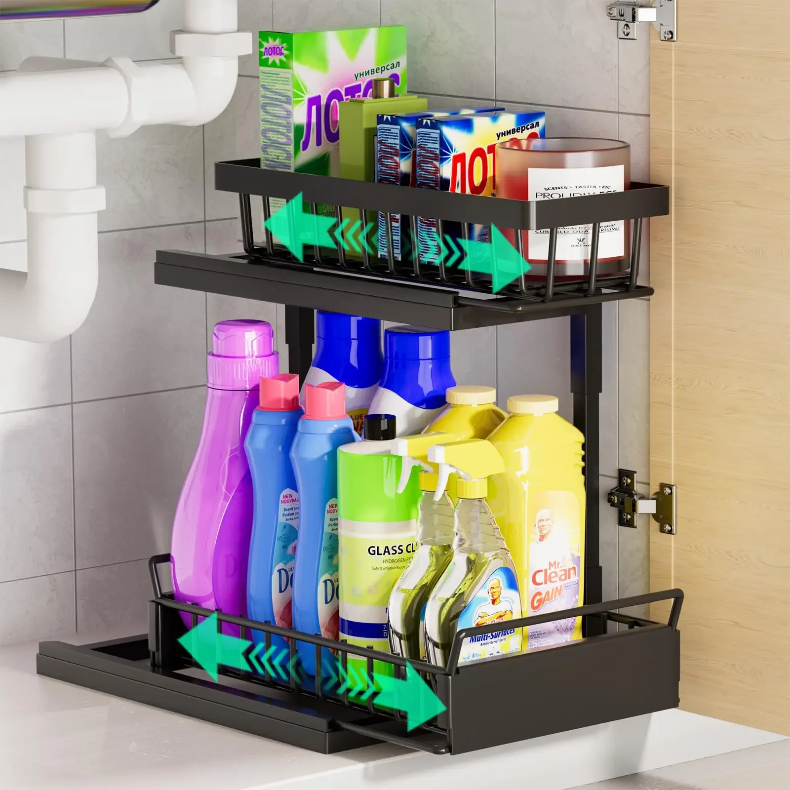 2 Tier Under Sink Organizer and Storage Basket,Slide Out Under Cabinet Organizer Shelf,Multi-Purpose Pull Out Drawer Cabinet