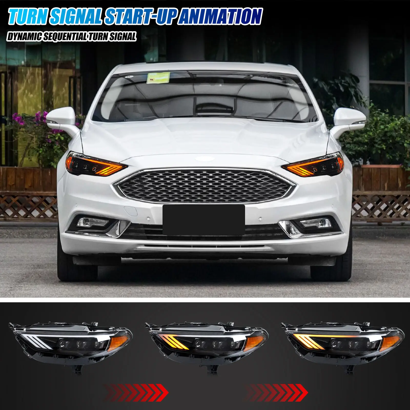 المصابيح الأمامية LED لفورد فيوجن مونديو 2017-2020 S SE التيتانيوم الرياضة DRL العارض متتابعة بدوره إشارة مجموعة المصابيح الأمامية #4