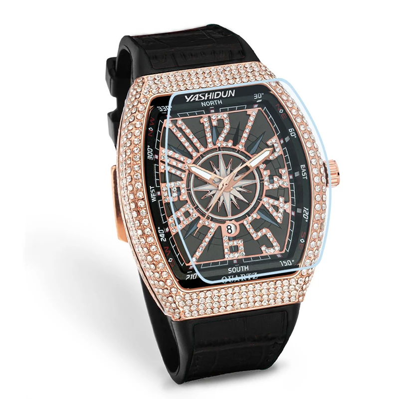 Men's Luxury Watch Shiny Metal Rubber Strap Quartz Fashion Wristwatch Male Clock Relogio Gifts Shiny Crystal Case