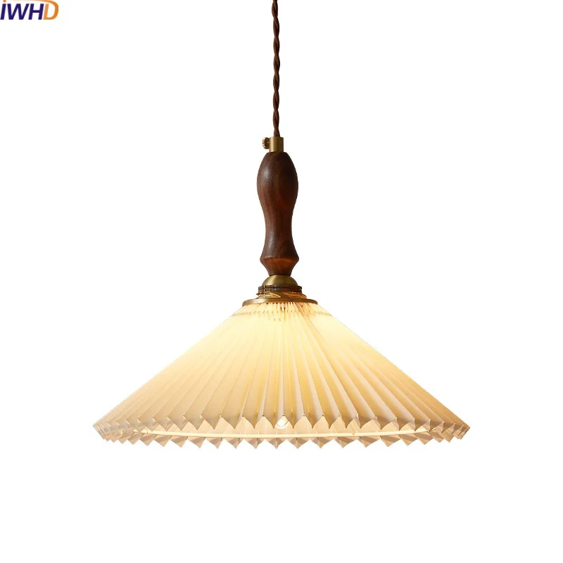 

IWHD Vintage Style LED Pendant Lamp Fabric Lampshade Dining Living Room Bedroom Wood Copper Hanging Light Fixtures Chandelier