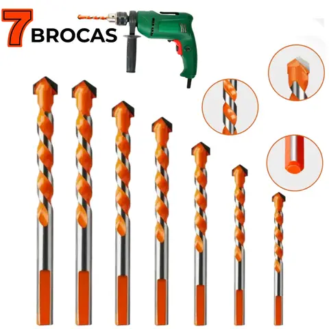Kit Profissional 7 Brocas de Metal Duro Para Furadeira Perfura Precisao em Aço Madeira Concreto e Alvenaria Para Obras e Marcene