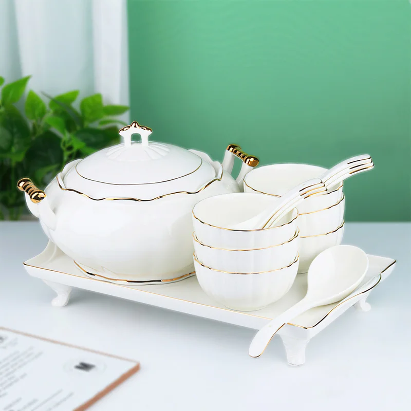 15pcs Ceramic Tableware Set Soup Pot Rice Bowl Small Spoon Tray Set Bone China Dinnerware Sets Home Restaurant Kitchen Supplies