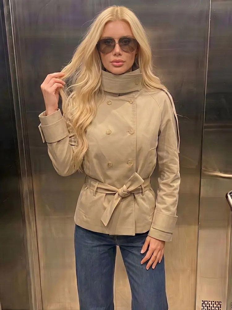 Trendy Khaki Jacket Relaxed Fit Trench Coat Stand for Womens Street Style Weekend Party Casual Holiday Beach Vacation Outwear