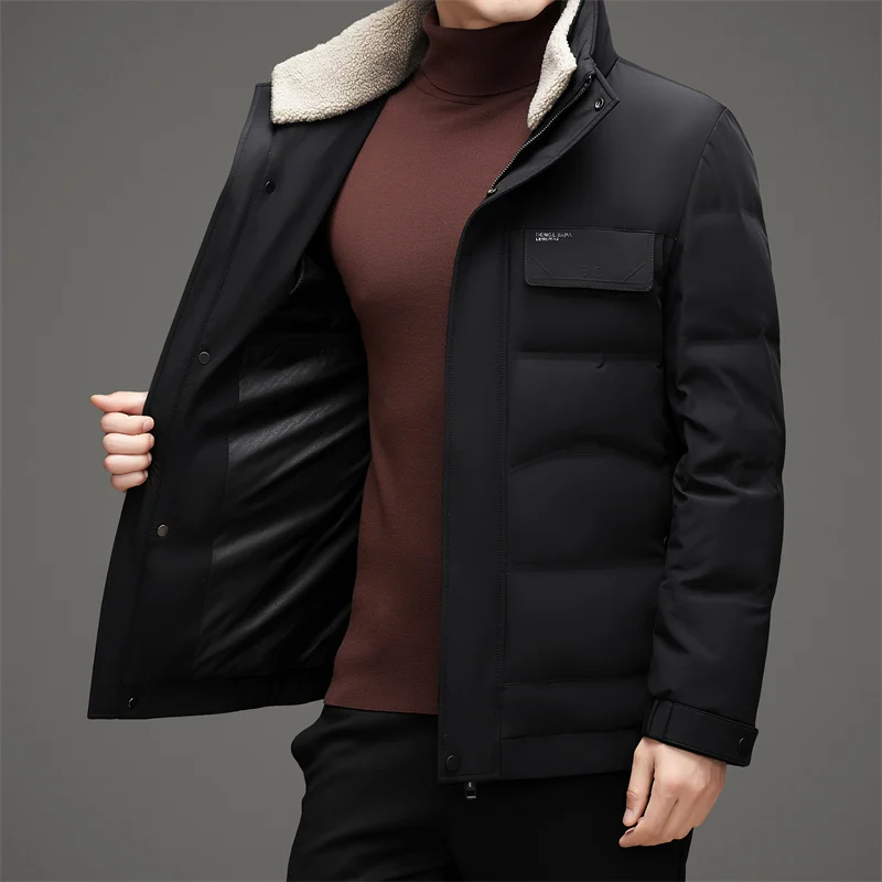 Top 2024 Winter Men\'s Warm Duck Down Jacket Business Casual Fur Collar Detachable Short Puffer Coats Outwear Thick Down Clothing