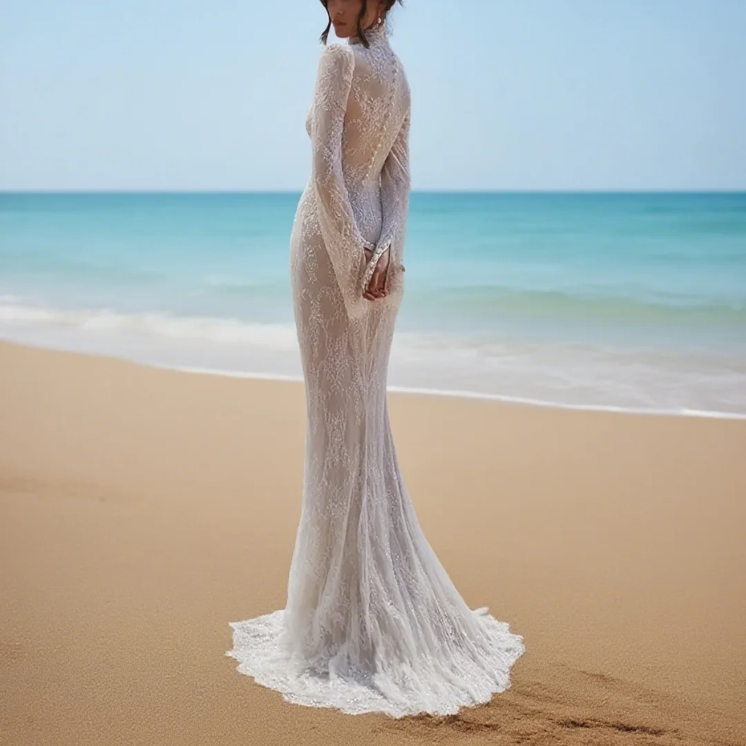 

Customized luxurious lace wedding dress with a high collar and full sleeves. Formal evening gown for the bride.