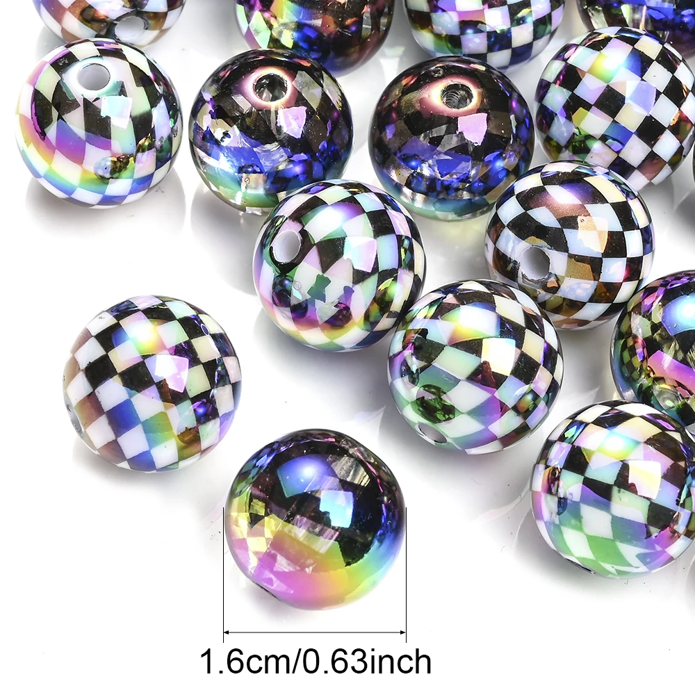 10pcs 16mm Round Beads AB Colorful Acrylic Beads Grid Pattern Loose Spaced Beads For Jewelry Making DIY Fashion Beading Material