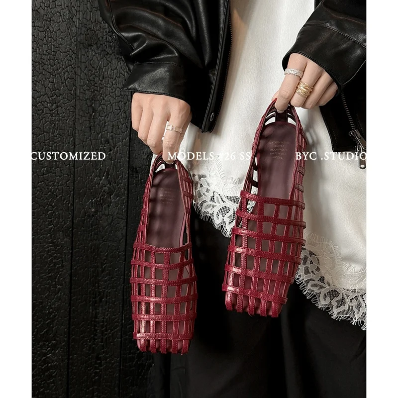 2026 new summer women sandals natural leather plus size 22-25.5cm weave sheepskin square toe grid low heel women shoes fashion