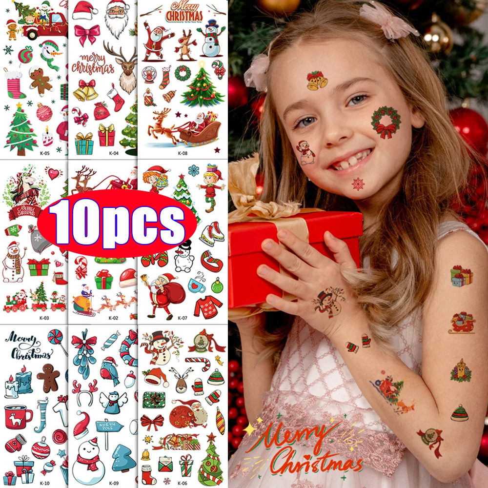 10sheet Christmas Cartoon Tattoo Sticker for Kid Waterproof Face Body Temporary Tattoo Stickers Gifts Stocking Cute Party Makeup