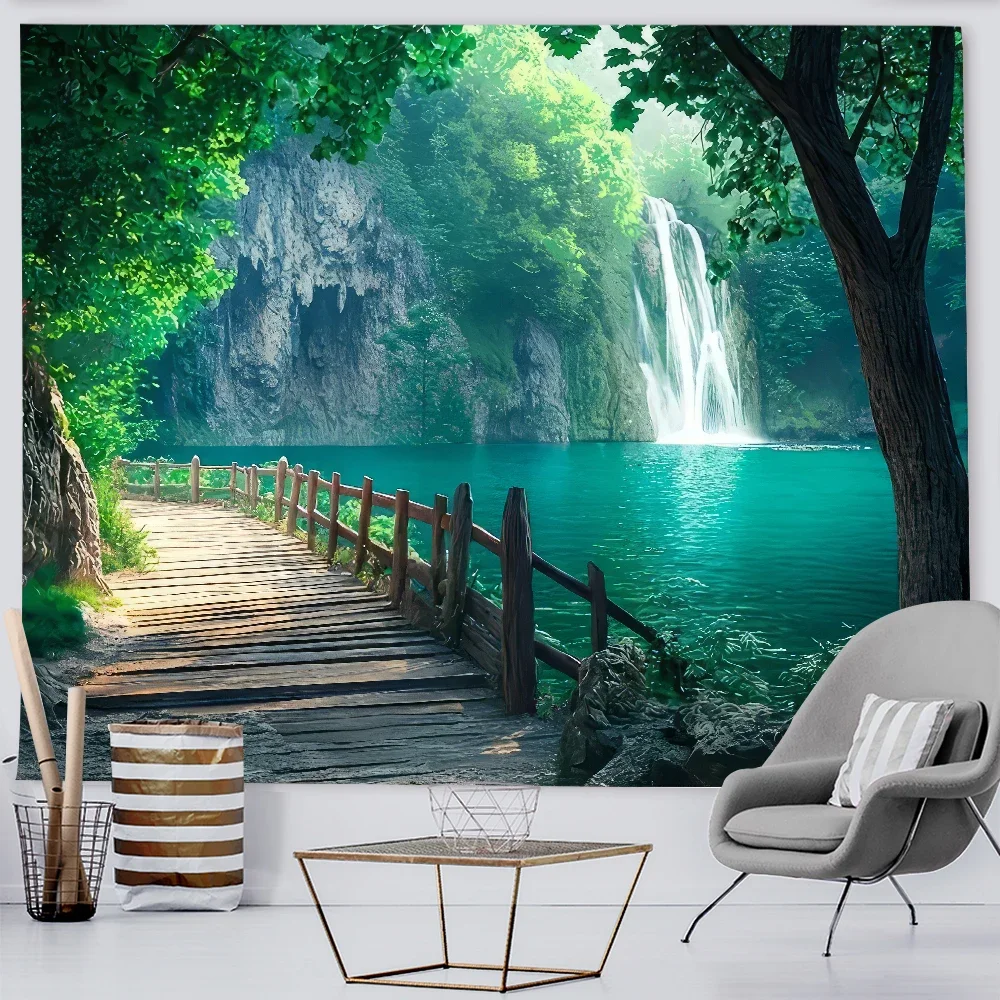 Large Green Forest Waterfall Natural Scenery Wall Tapestry Wall Decoration For Living Room Backdrop Broadcast Background Cloth
